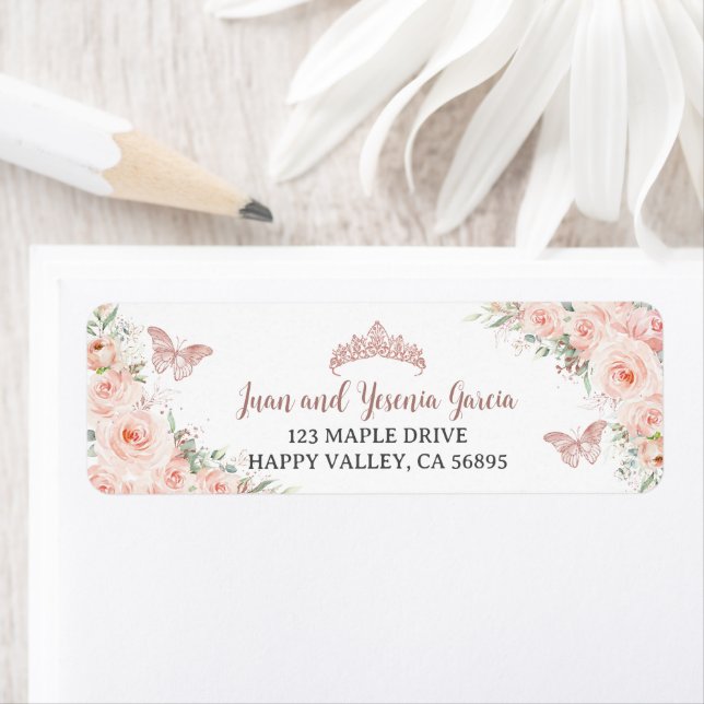 Blush Floral Rose Gold Quinceanera Return Address (Insitu)