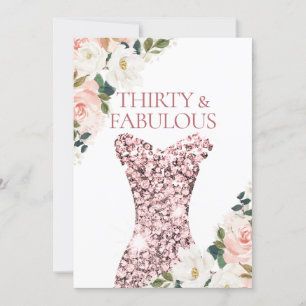 Blush Floral Rose Gold Sparkle Dress 30th Birthday Invitation