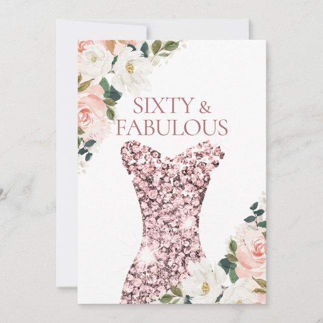 Blush Floral Rose Gold Sparkle Dress 60th Birthday Invitation (Front)