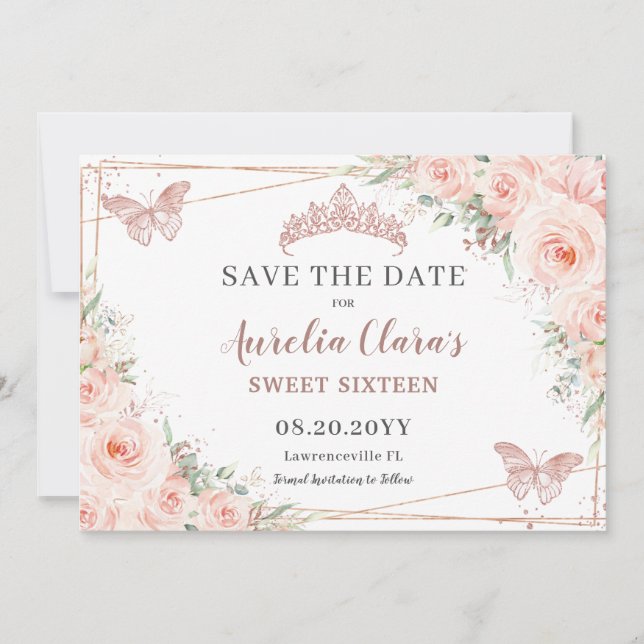 Blush Floral Rose Gold Sweet 16 Quince Butterflies Save The Date (Front)