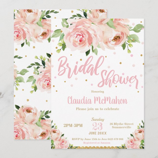 Blush Floral Roses Bridal Shower Pink and Gold Invitation (Front/Back)