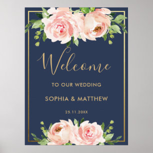 Blush Floral Roses Navy Gold Wedding Welcome Sign
