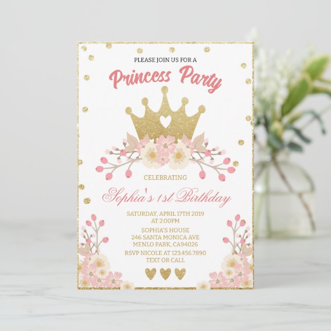 Blush Floral Royal Crown Princess Birthday Party Invitation (Standing Front)