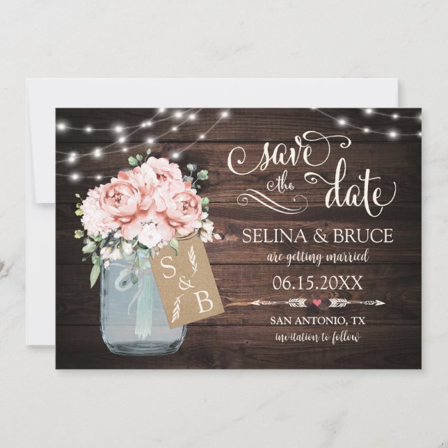 Blush Floral Rustic Wood Save the Date Card (Front)