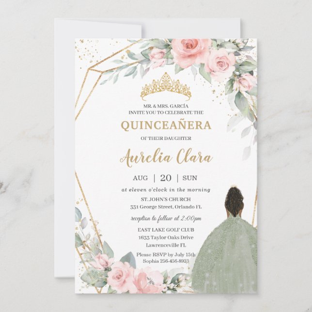 Blush Floral Sage Green Brown Princess Quinceañera Invitation (Front)