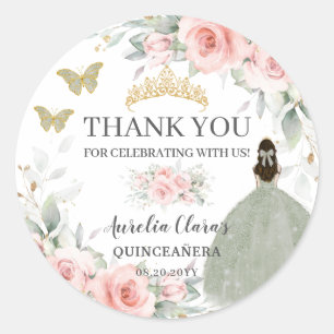 Blush Floral Sage Green Gold Quinceanera Sweet 16 Classic Round Sticker