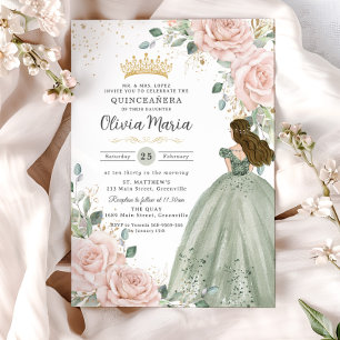 Blush Floral Sage Green Princess Gown Quinceañera Invitation