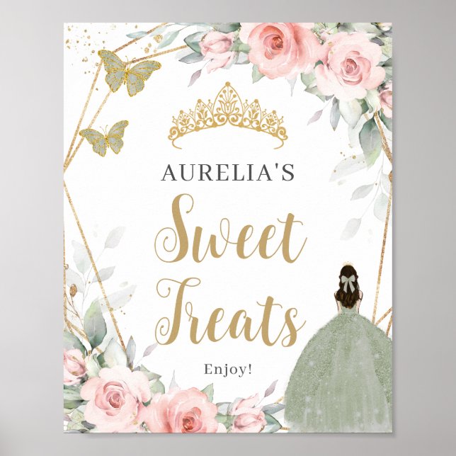 Blush Floral Sage Green Quinceanera Sweet Treats Poster (Front)