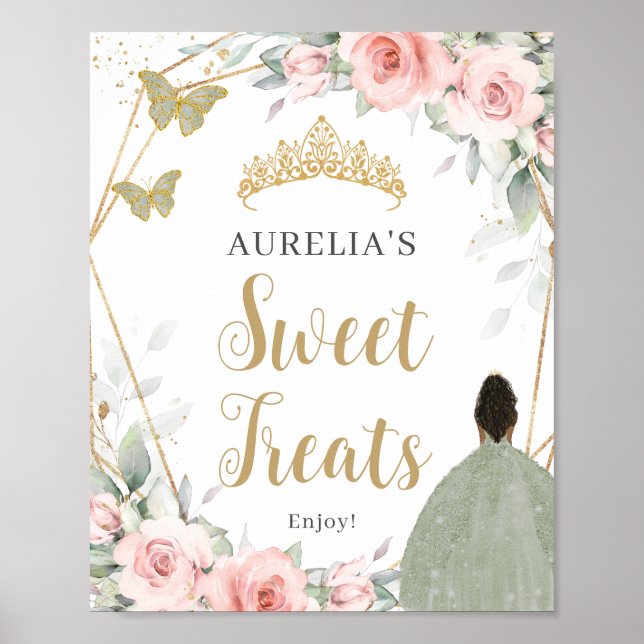 Blush Floral Sage Green Quinceanera Sweet Treats Poster (Front)
