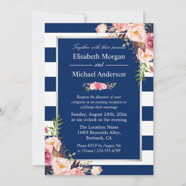 Blush Floral Silver Navy Blue Stripes Wedding Invitation (Front)