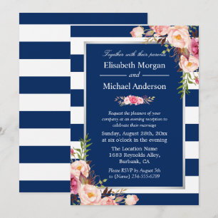 Blush Floral Silver Navy Blue Stripes Wedding Invitation