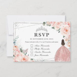Blush Floral Silver QUINCEAÑERA Reply Guest Names RSVP Card