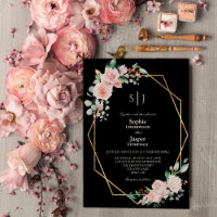 Blush Floral Simple Black Monogram Wedding