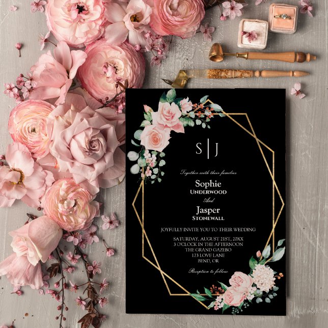 Blush Floral Simple Black Monogram Wedding Invitation (Creator Uploaded)