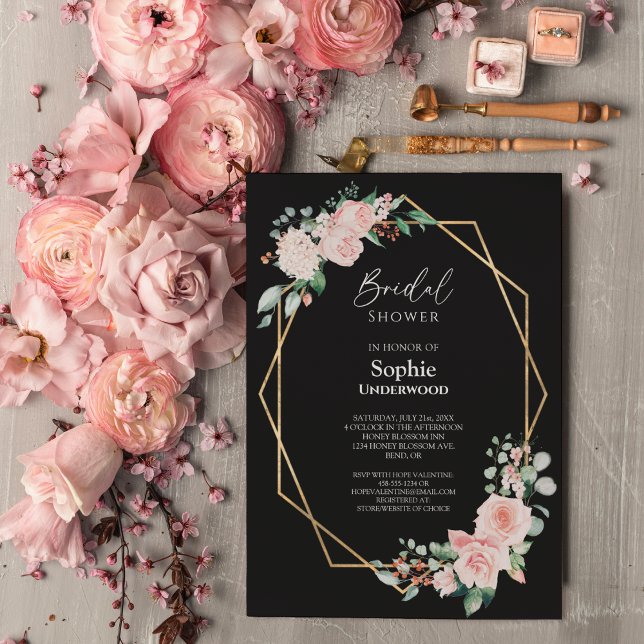 Blush Floral Simple Black Wedding Bridal Shower Invitation (Creator Uploaded)