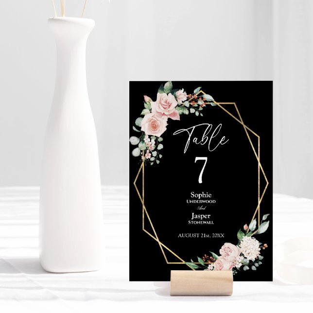 Blush Floral Simple Black Wedding Table Number (Creator Uploaded)