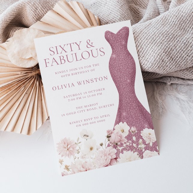 Blush Floral Sixty & Fabulous 60th Birthday Dress  Invitation (Creator Uploaded)