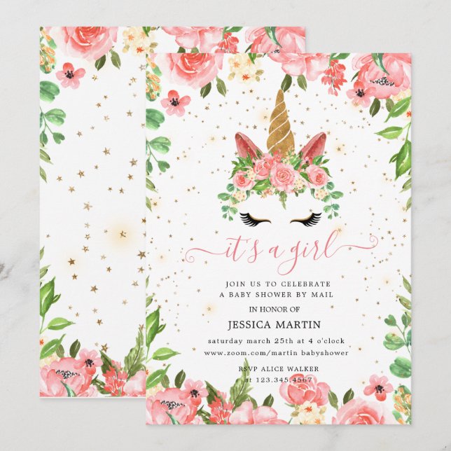 blush floral sleepy unicorn virtual baby shower invitation (Front/Back)