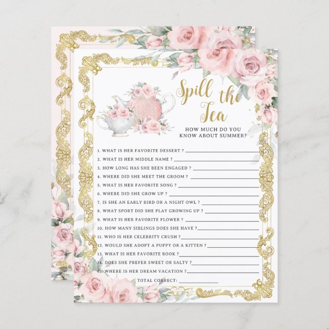 Blush Floral Spill the Tea Bridal Shower Game (Front/Back)