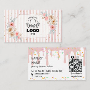 Blush floral stripes Cute Bakery logo Business Card