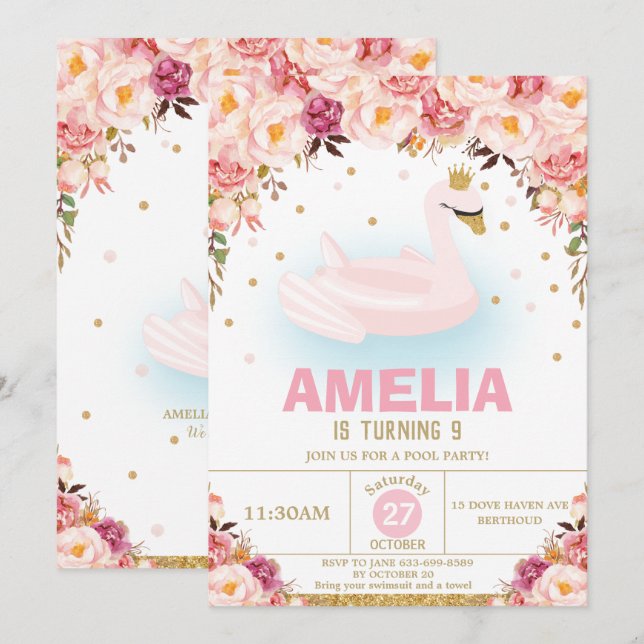 Blush Floral Swan Princess Pool Birthday Party Invitation (Front/Back)