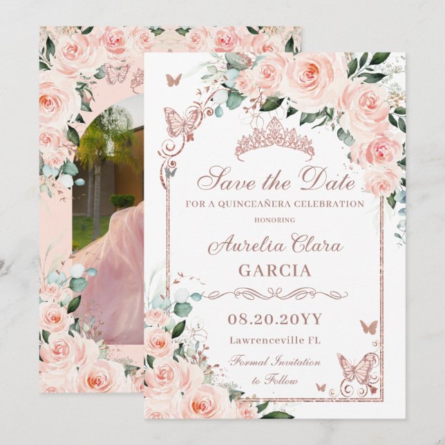 Blush Floral Sweet 16 Rose Gold Quinceañera Photo Save The Date (Front/Back)