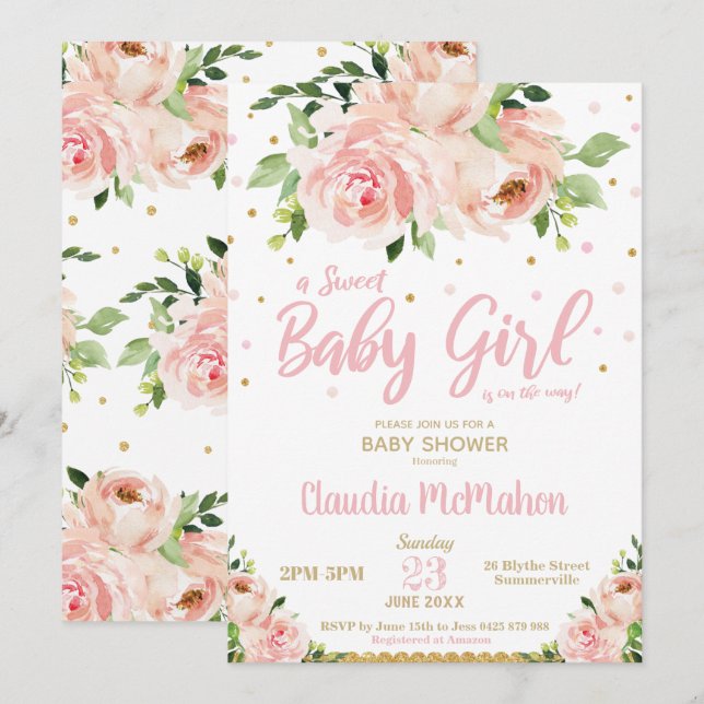 Blush Floral Sweet Baby Girl Shower Pink & Gold Invitation (Front/Back)