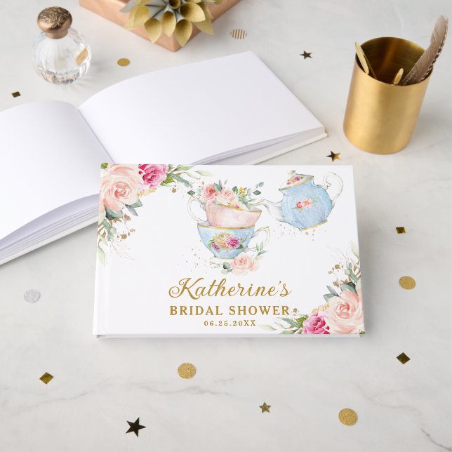 Blush Floral Tea Party Baby Bridal Shower Birthday Guest Book (Front Open)