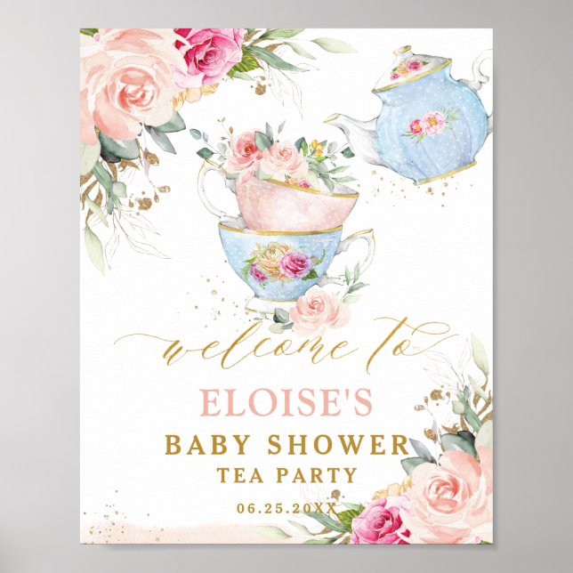 Blush Floral Tea Party Bridal Baby Shower Welcome  Poster (Front)
