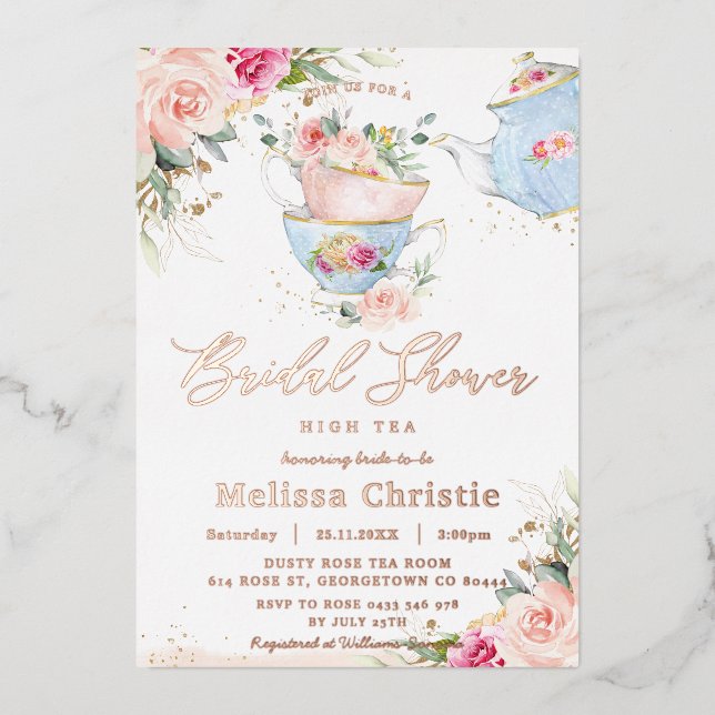 Blush Floral Tea Party Bridal Shower Rose Gold (Front)