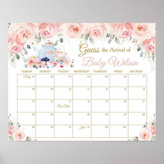 Blush Floral Tea Party Guess Baby's Arrival Game  Poster (Front)