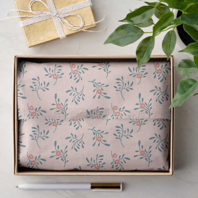 Blush Floral Teal Botanical Pattern Tissue Paper (Gift)