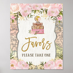 Blush Floral Travel Miss to Mrs Vintage Map Favour Poster