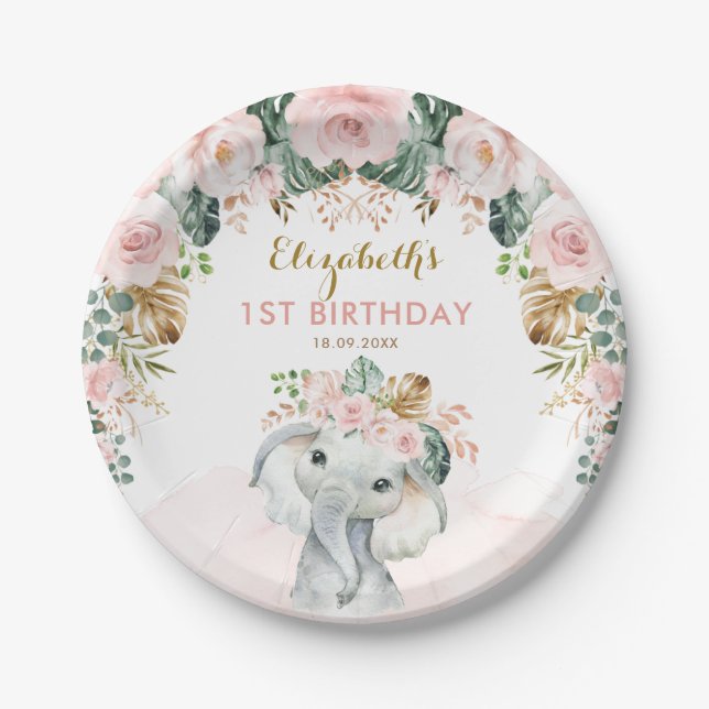 Blush Floral Tropical Boho Elephant Birthday Girl Paper Plate (Front)