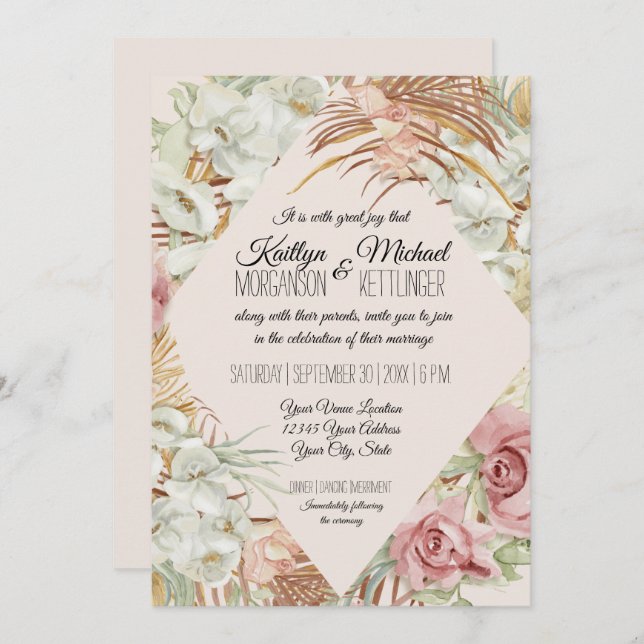 Blush Floral Tropical Palm Pampas Grass Greenery Invitation (Front/Back)