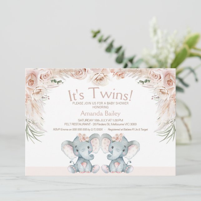 Blush Floral Twin Elephants Baby Shower Invitation (Standing Front)