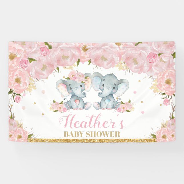 Blush Floral Twins Elephant Baby Shower Backdrop Banner (Horizontal)