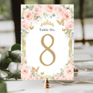 Blush Floral Vintage Gold Birthday Quinceanera Table Number