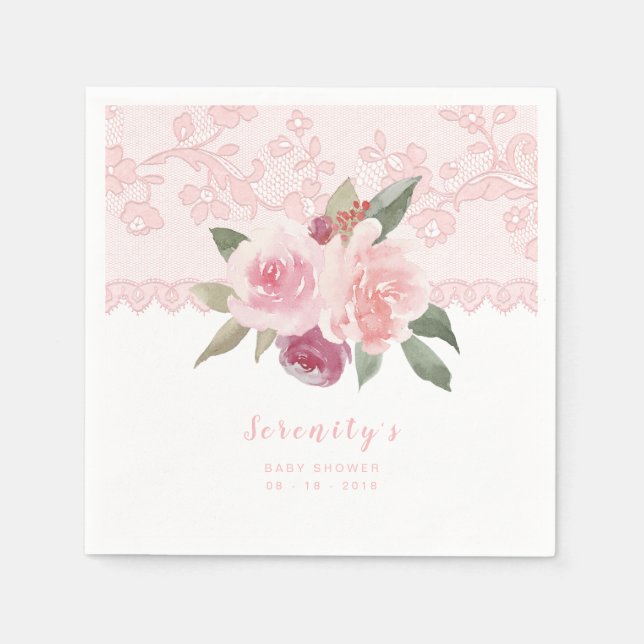 blush floral vintage lace baby shower napkin (Front)