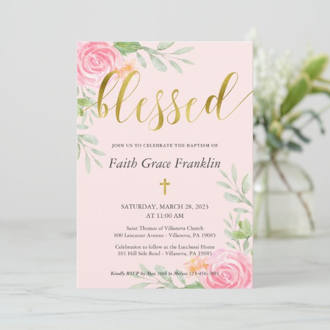 Blush Floral Watercolor and Gold Blessed Baptism Invitation (Standing Front)