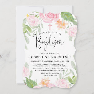 Blush Floral Watercolor Baptism Invitation 