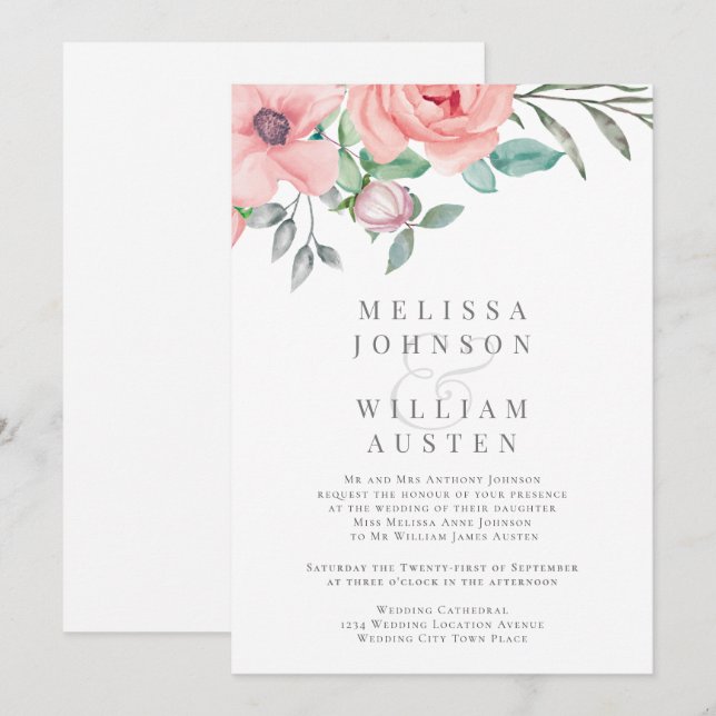 Blush Floral Watercolor Botanical White Wedding Invitation (Front/Back)