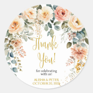 Blush Floral Watercolor Flat Thank You  Classic Round Sticker