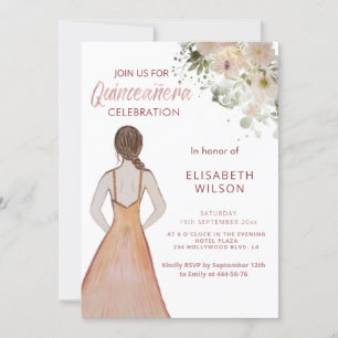 Blush Floral watercolor girl in dress Quinceañera Invitation