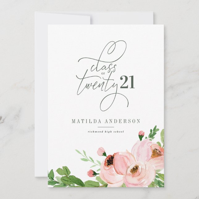 Blush floral watercolor graduation announcement (Front)