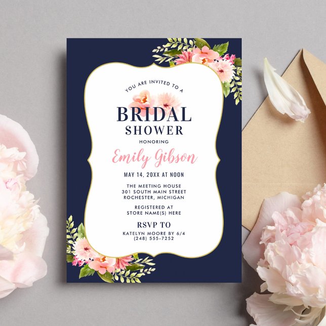 Blush Floral Watercolor Navy Wedding Bridal Shower Invitation (Creator Uploaded)