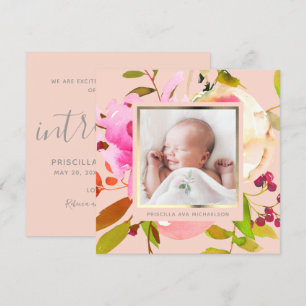Blush Floral Watercolor Photo Birth Announcement