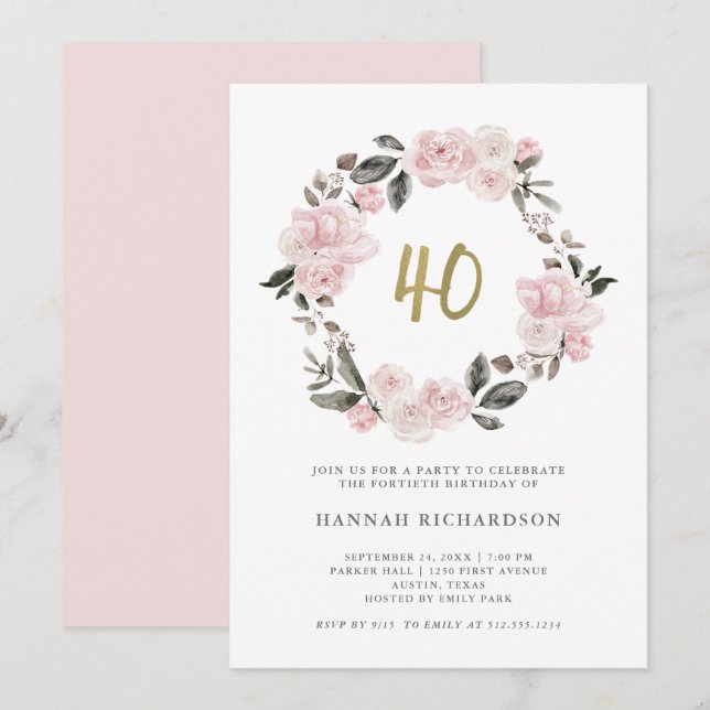 Blush Floral | Watercolor Roses 40th Birthday Invitation (Front/Back)