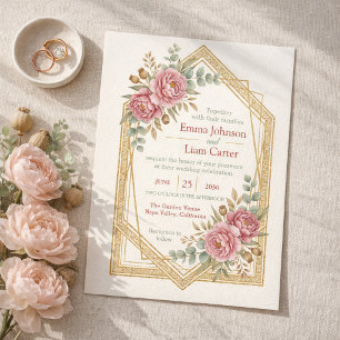 Blush Floral Watercolor Roses & Eucalyptus Wedding Invitation