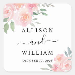 Blush Floral Watercolor Wedding Square Sticker